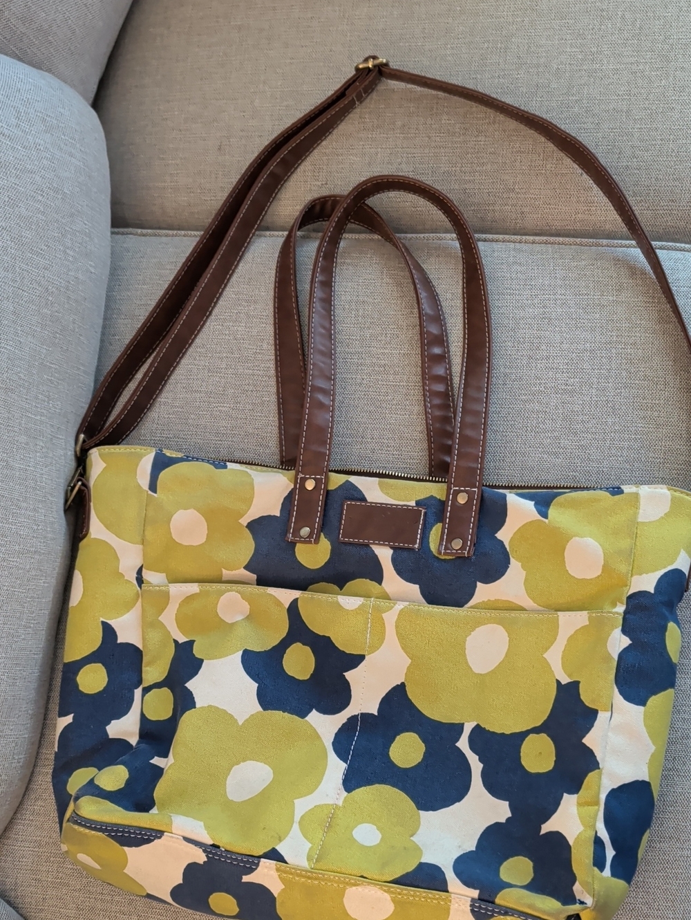 Maika Essential Tote in the Hana Floral Tote Bag with Brown Leather Handles